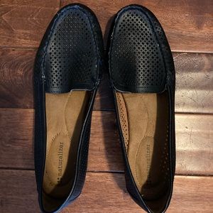 Black Perforated Leather Loafer Flats